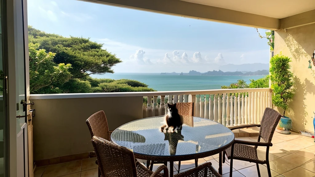 coastal、Woman spending time with cat on terrace、A pleasant breeze blows、chairs and tables、Daytime、House with sea view、