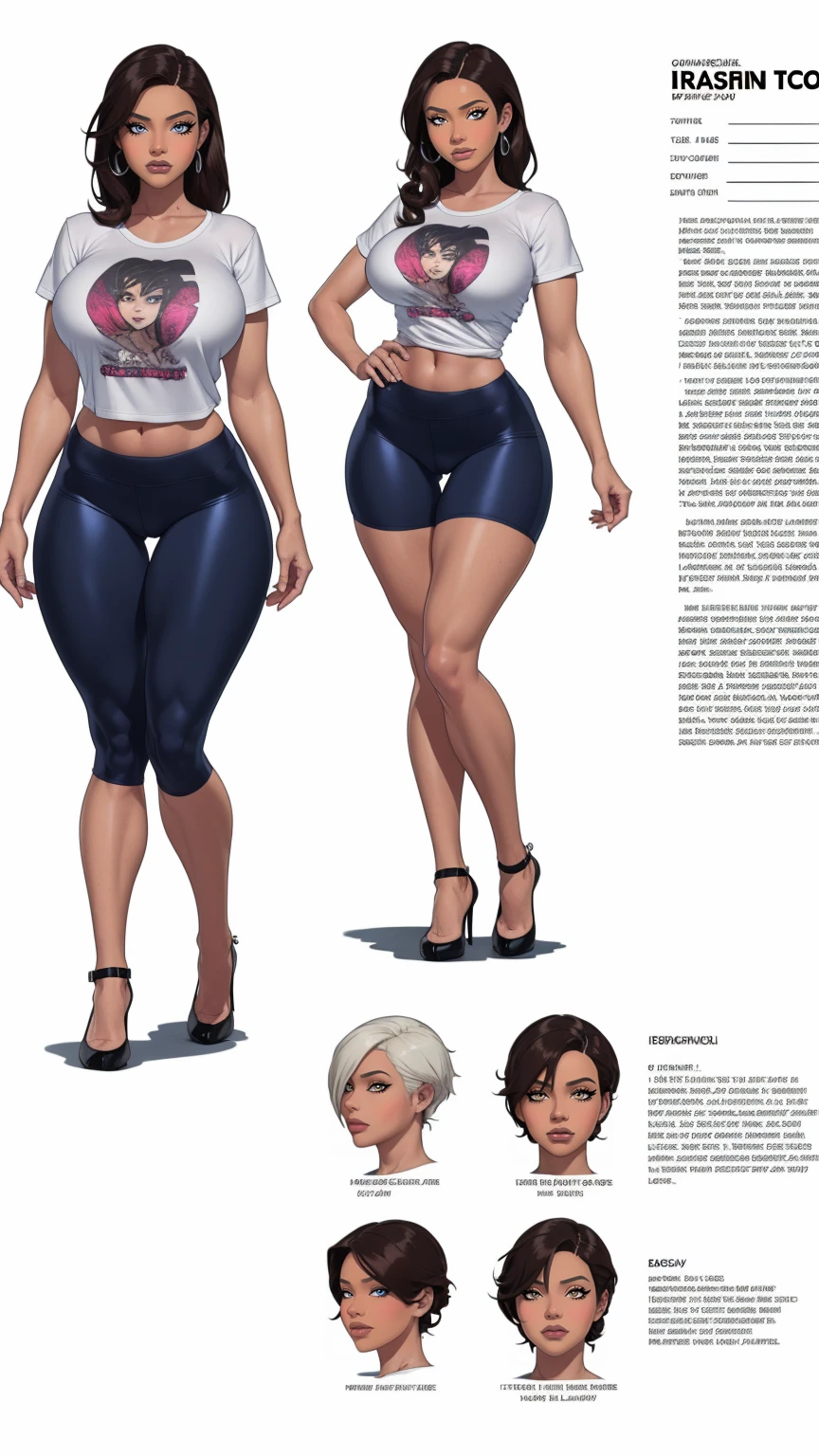 ((masterpiece)),(((best quality))),((character design sheet)),((Infographic drawing. Multiple sexy poses, white background)),  ((full body view)) illustration,Catalogue of sex slaves,1girl, thick thighs, ((detailed face:1.4)) promiscuous sex friend, rough sketches, between breasts,big breasts,vaginal secretions,(extremely detailed, realistic, intricate details, highres), solo, blush, freckles, eyeliner, eyeshadow, eyelashes, wearing leggings, oversized t-shirt, and combat boots, (large breasts, thick thighs, wide hips),hair accessories,seductive grin smug,solid color backdrop, clean backdrop