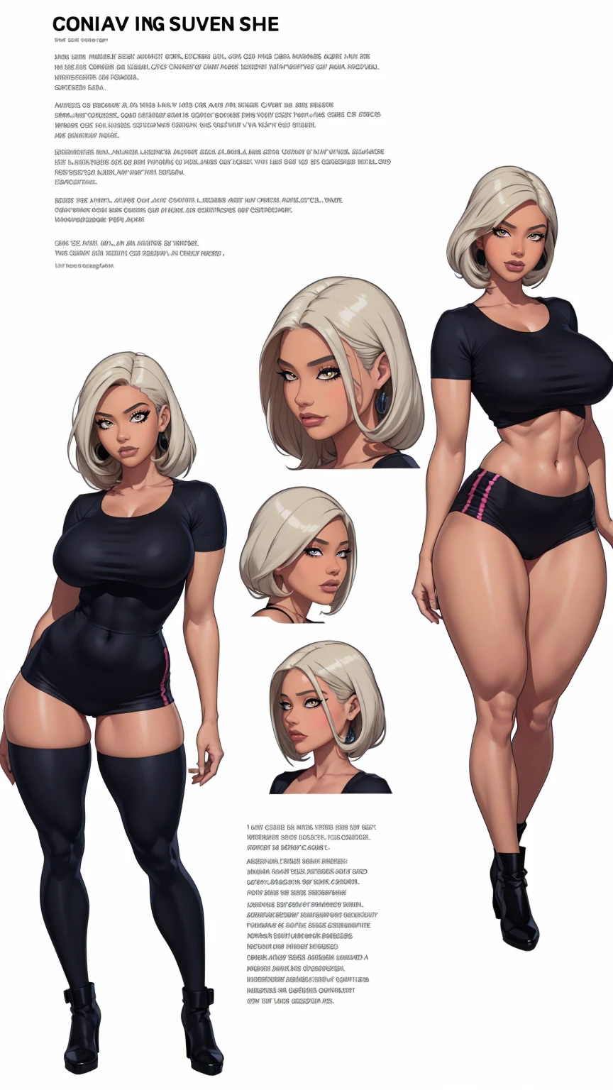 ((masterpiece)),(((best quality))),((character design sheet)),((Infographic drawing. Multiple sexy poses, white background)), ((full body view)) illustration,Catalogue of sex slaves,1girl, thick thighs, ((detailed face:1.4)) promiscuous sex friend, rough sketches, between breasts,big breasts,vaginal secretions,(extremely detailed, realistic, intricate details, highres), solo, blush, freckles, eyeliner, eyeshadow, eyelashes, wearing leggings, oversized t-shirt, and combat boots, (large breasts, thick thighs, wide hips),hair accessories,seductive grin smug,solid color backdrop, clean backdrop