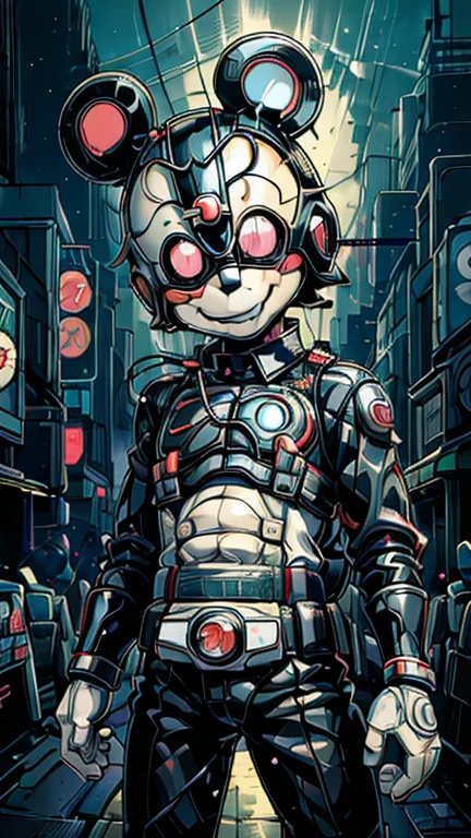 (8k),(masterpiece),(Japanese),(8--old ),((innocent look)),((Childish)),From the front,smile,cute,Innocent,Kind eyes,Flat chest, black helmet, white domino mask, Mickey mouse,Bald,No Hair, Henshin Pose,night,dark, Neon light cyberpunk city,Kamen rider,camisa