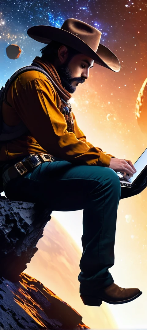 Desenhe um jovem programador, sitting on a research platform floating in the middle of an asteroid belt. He is studying with a notebook, surrounded by several asteroids glowing with fiery auras. Dramatic lighting from distant stars and planets illuminates the scene, casting deep shadows on the costume. O jovem parece confiante e determinado, looking at the vast and mysterious universe with awe and respect,facial hair, cowboy shot,
