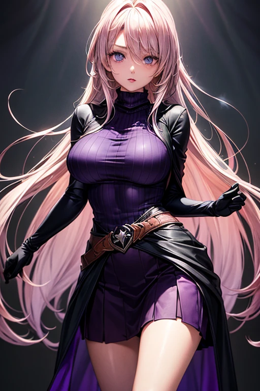 masterpiece, Highest quality, Unreal Engine, Super Resolution, Very detailed,
1 Girl, malaria, Quiz Magic Academy, blue eyes, length, ((Narrow eyes)), Waist, thin, (Muscular:0.8), Round Breasts, Big Breasts, bold, Lips parted, Observe the audience,
Are standing, Sexy pose, Waistショット,
Magic Class, Simple background anime style, Key Visual,
malaria, ((long hair of dark purple color:1.5)), ((Purple Dress)), ((Black Linen Skirt)), (Black Short Cape), (((Pink turtleneck net suit))), ((Pink long gloves)), Black long boots, Sticky with sweat,
