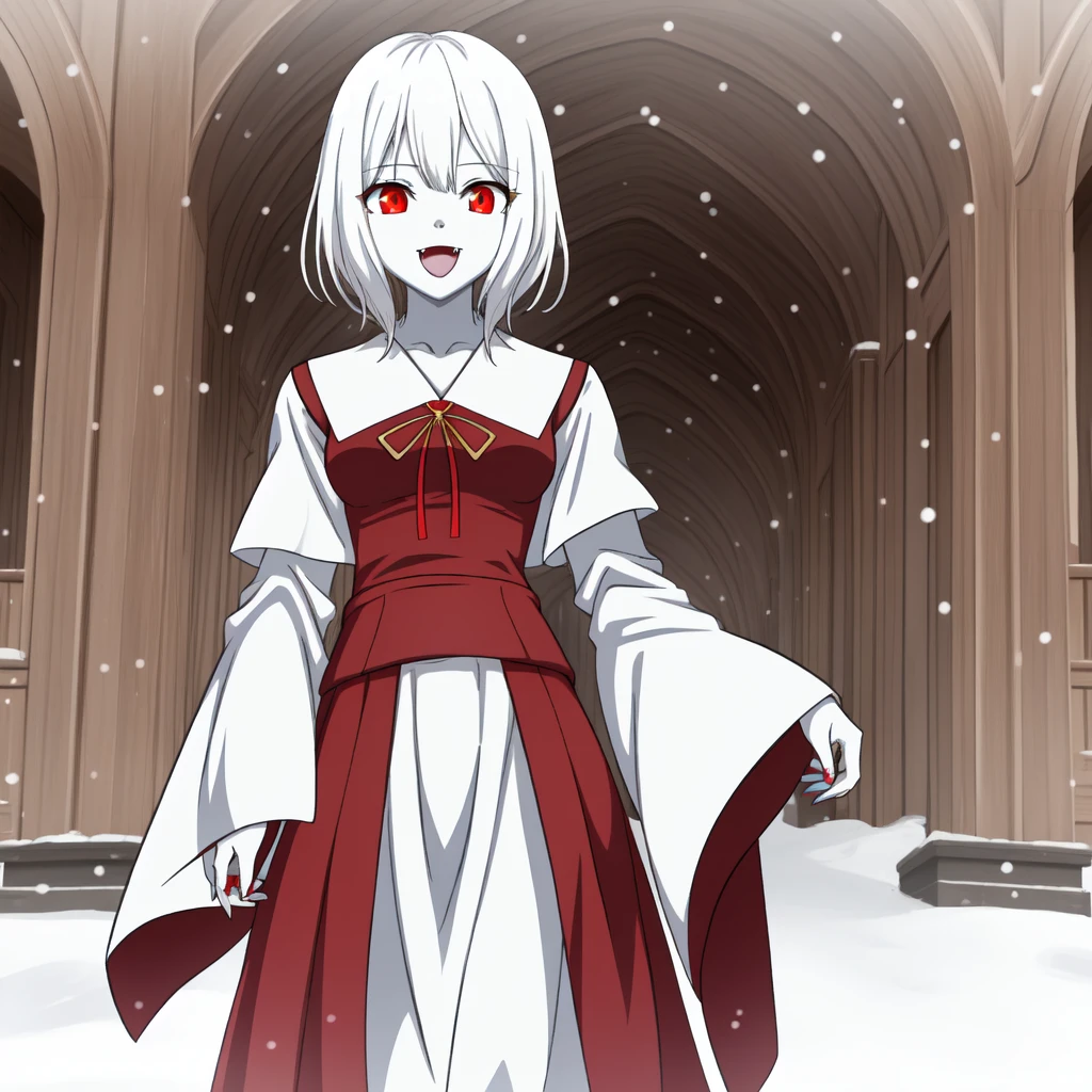 masterpiece、Highest quality，High resolution，snow-white skin、Pure white hair、Vampire Iino Miko、Red eyes、Pure white skin、Red nails、In uniform、skirt、Pure white hairの毛、Standing in priestly garb、Very Short Hair、Muscular、Has some fangs、Shiny eyes、Height 180 cm