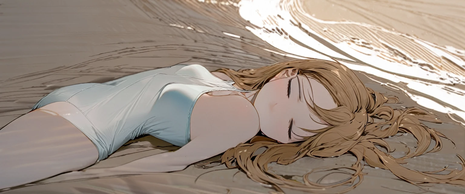 Young woman of 23 years, in sexy swimsuit, lying face down on the beach.