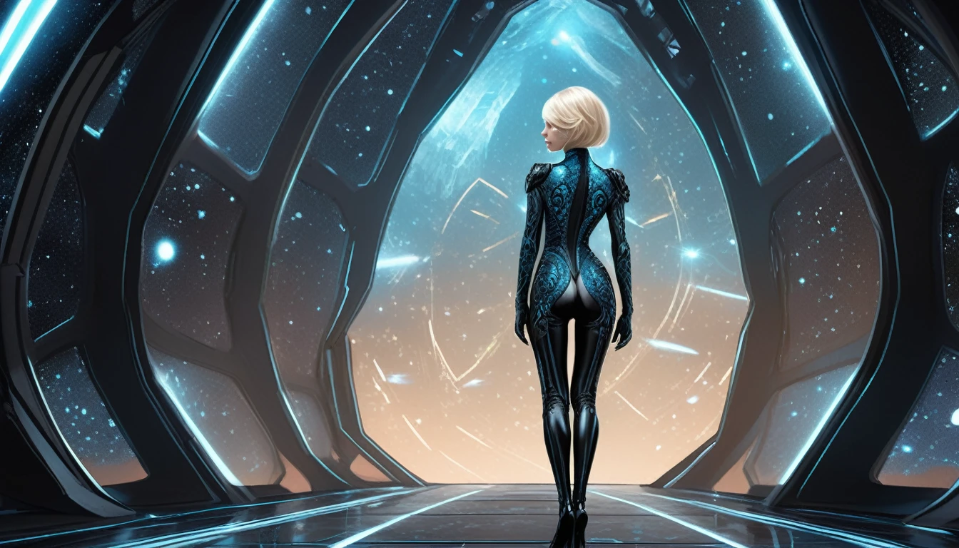 (full body back view) breathtaking concept art of a girl, short blonde hair, perfect face, medium breasts, wearing a black armored (revealing:1.2) intricate ornate body suit, seductive pose, inside of a slimy organic shaped (surreal:1.2) alien building, (glowing stardust particles and aquamarine veins covering the black bone walls:1.3), (full body:1.4), mystic, science fiction, highly detailed, high contrast, 8k, award winning