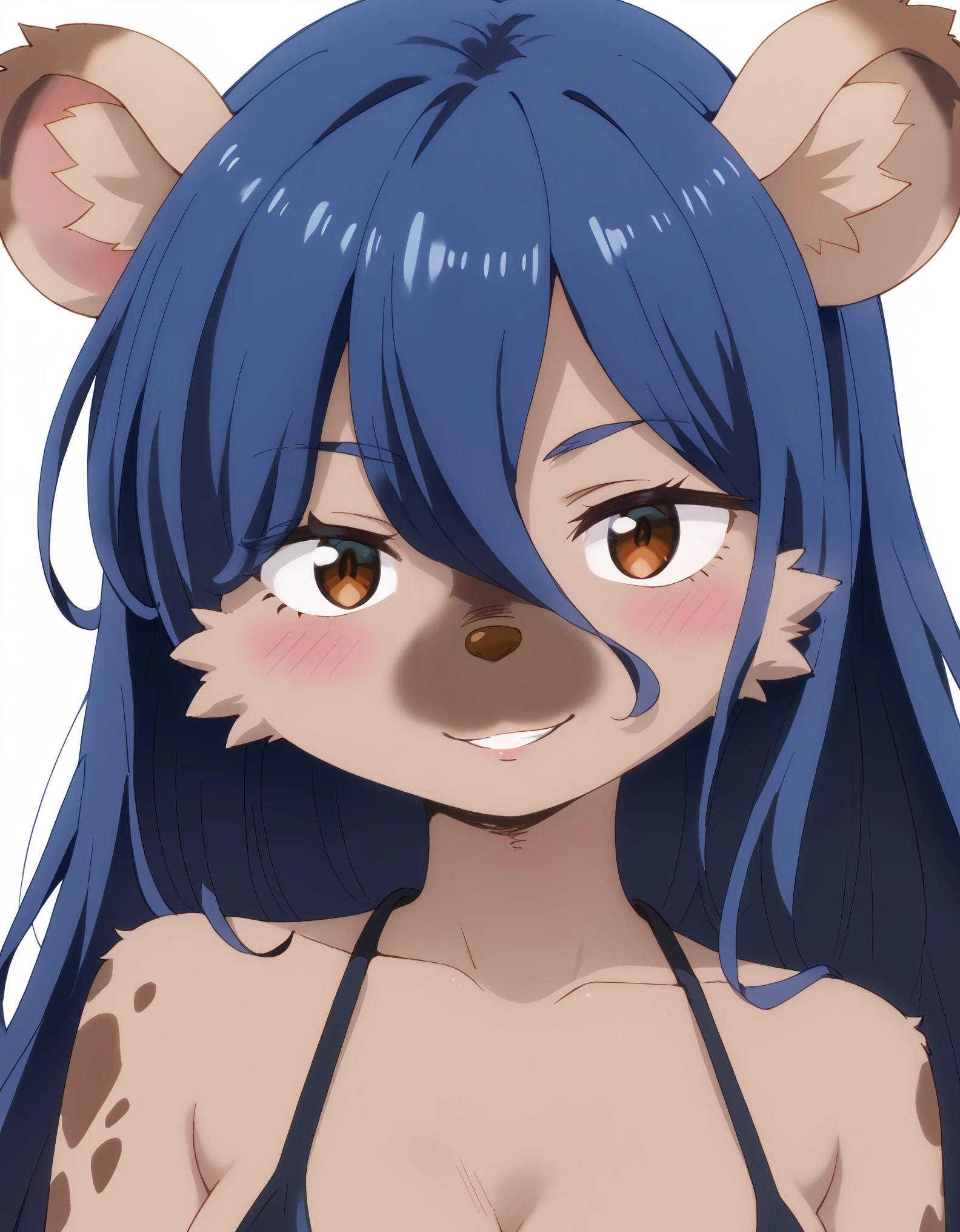 score_9, score_8_up, score_7_up, source_safe, elza, 1girl, solo, furry, furry female, looking at viewer, blush, body fur, white background, upper body, smile,