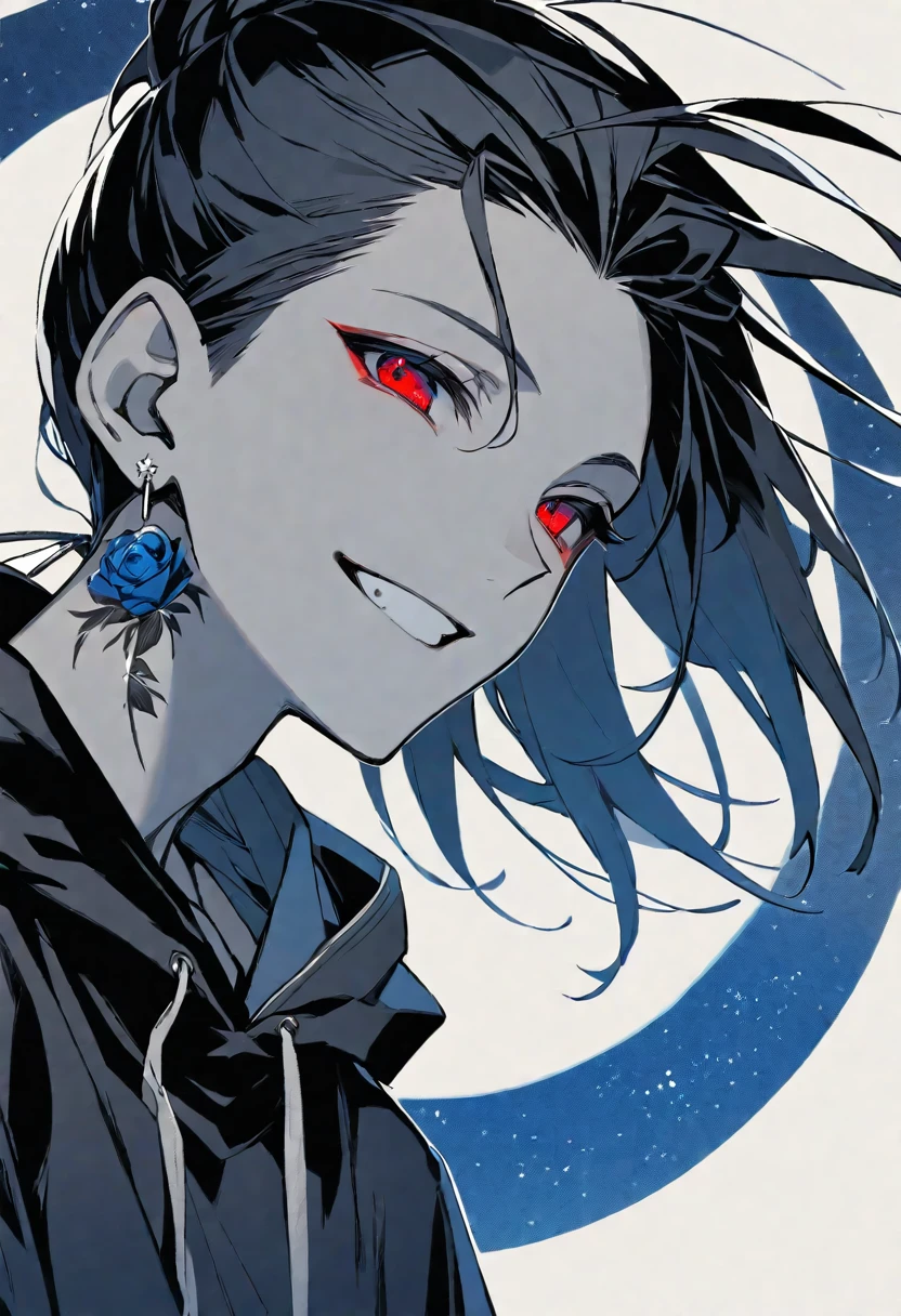 solo, handsome, monotone,
1. male,
Hime cut,Straight Hair,Bob Hair, ponytail,
black hair,
Nakano Yotsuba,
red Eyes,Soft look,beautiful,Darkness,Lots of silver earrings,blue rose tattoo,
black hoodie ,smile,skin,
simple background,
moon,star sky