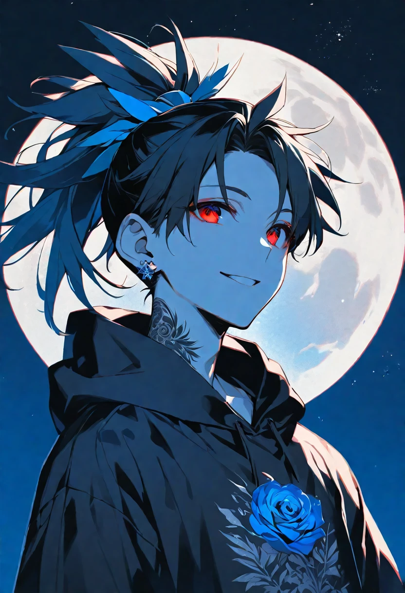 solo, handsome, monotone,
1. male,
Hime cut,Straight Hair,Bob Hair, ponytail,
black hair,
Nakano Yotsuba,
red Eyes,Soft look,beautiful,Darkness,Lots of silver earrings,blue rose tattoo,
black hoodie ,smile,skin,
simple background,
moon,star sky