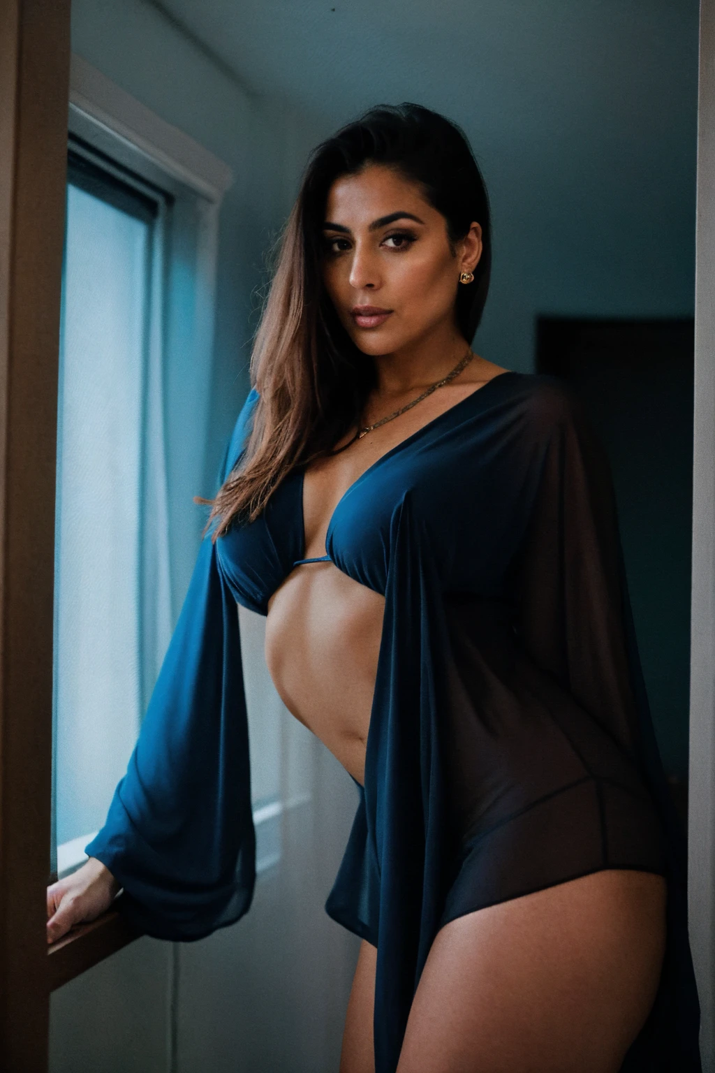 RAW photo,dark,moody,hazy atmosphere,35mm focal lenght,underexposed,cold,candid photograph,artistic,full body,photo of a beautiful,high-society,rich,elegant,30yo Iranian woman,detailed skin,naked,Kaftan, looking at viewer, thick body structure,grey background,no background, candid pose,dim room,blue light, film grain, kodak color, instagram LUT