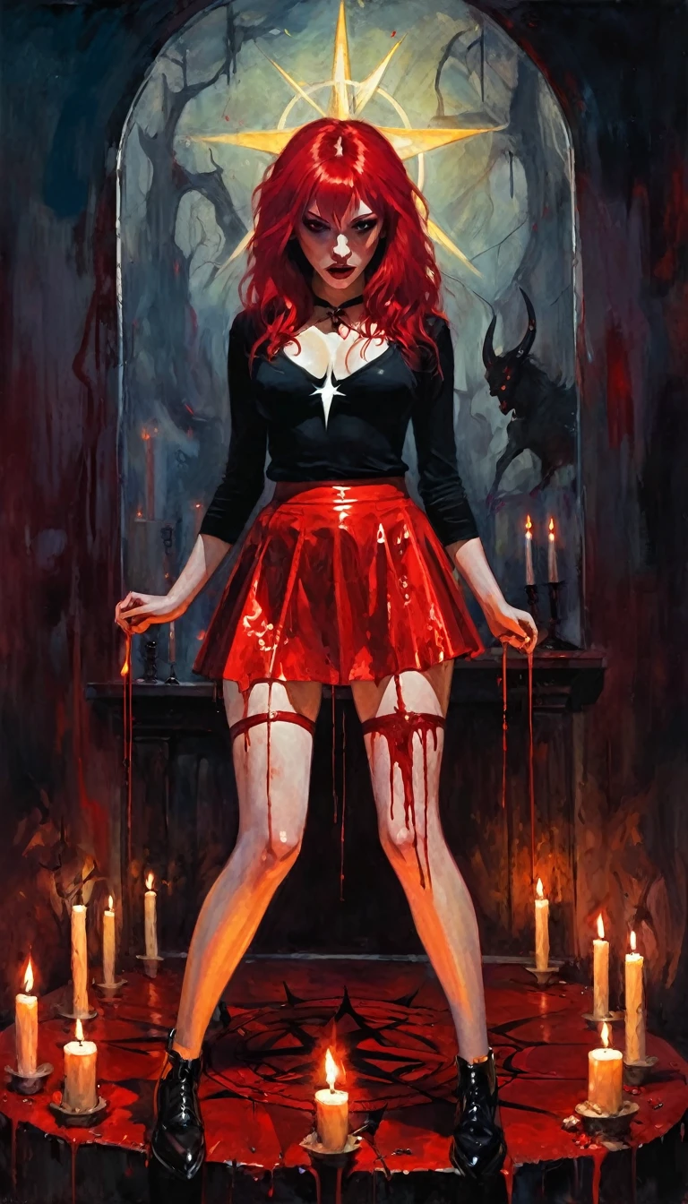 sexy girl, red hair, tight miniskirt, torn stockings, dark room, candles, satanic ritual, satanic star, blood (art inspired by Bill Sienkiewicz). oil painting)