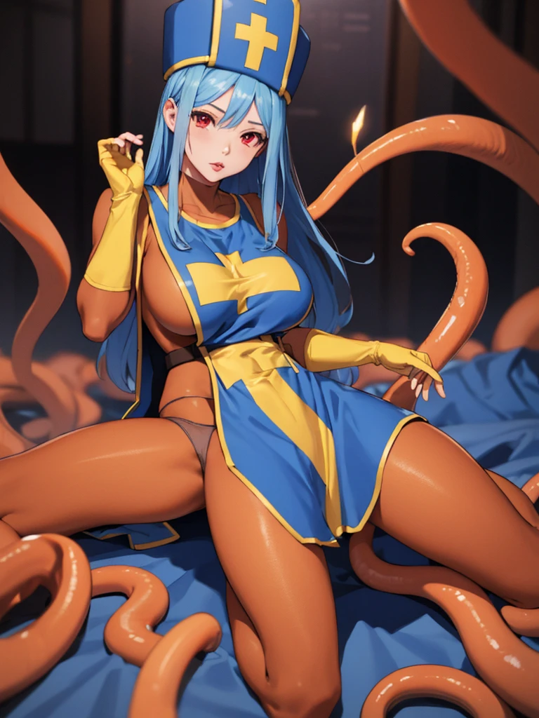 masterpiece,Highest quality, Unreal Engine, Super Resolution, Very detailed,
1 Girl, Waist, thin, (Muscular:0.8)
Round Breasts, Big Breasts, Bold, Part your lips, Observe the audience,
, sexy pose
Waist shot,Tentacles entangled in chest,,
Simple background anime style, Key Visual,
Light blue hair, Red eyes, Long-haired monk \(dq3\)
,Black string panties,Tabard Elbow Gloves,Orange full body pantyhose 1.3,((Spread your legs:1.3))