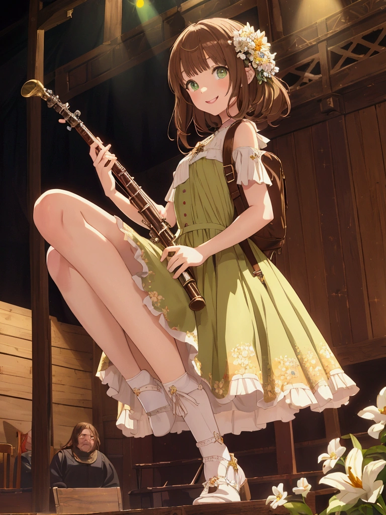 (((masterpiece))) 1 girl, anime girl, woman, green eyes, pale yellow dress, dress with flowers, brown hair, shoulder length hair, bangs, brown shoes, small leather backpack, flute, (on medieval wooden stage, smiling)