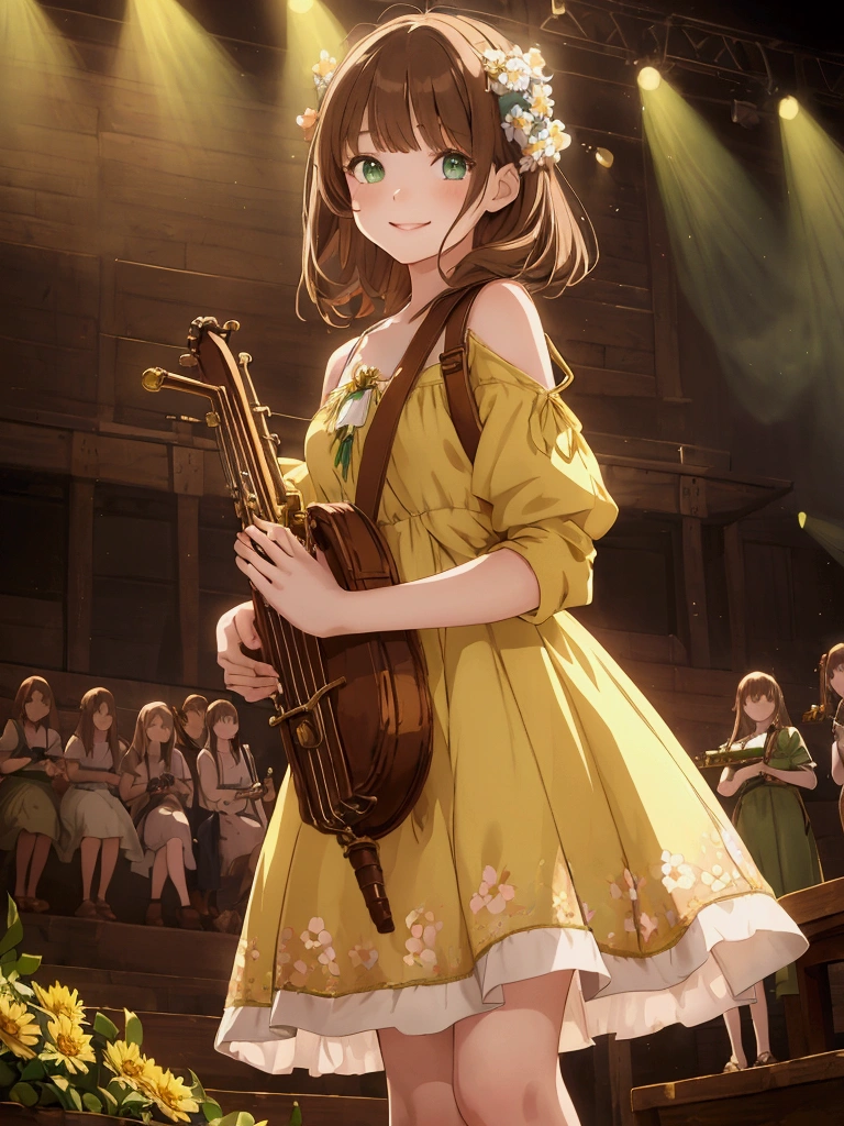 (((masterpiece))) 1 girl, anime girl, woman, green eyes, pale yellow dress, dress with flowers, brown hair, shoulder length hair, bangs, brown shoes, small leather backpack, flute, (on medieval wooden stage, smiling)