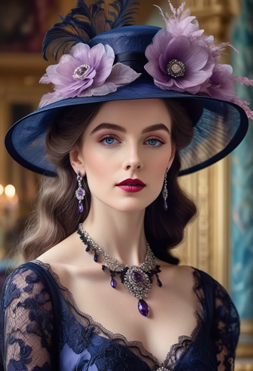 Timeless grace of an Edwardian lady, dark blue eyes captured in a pastel gouache painting, black lace and tulle flower hat, long flowing hair, lace necklace with amethyst jewels, earrings, intricate floral black satin dress and detailed, shoulders showing, (((perfect half length))), background of a ballroom in a palace, a breathtaking image, 8k, UHD.