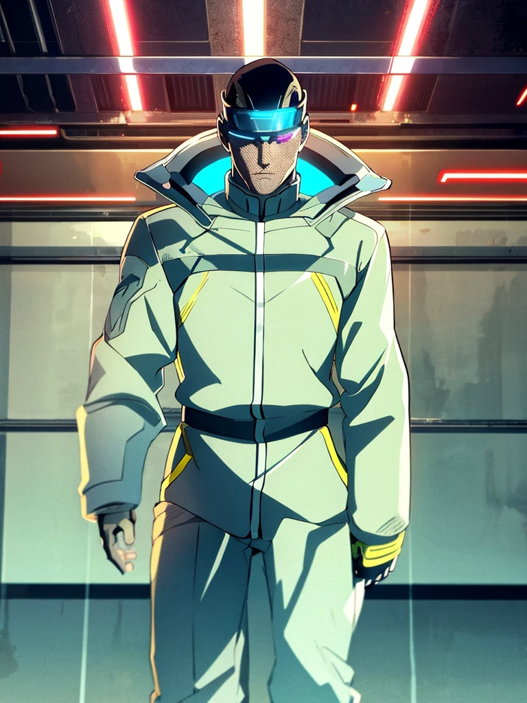 Male, fully cybernetic, full cyborg, military special forces cyborg, wearing tactical coat with popped collar, complete cybernetic body and fully cybernetic head, head covered by full-face visor, fully cybernetic form, robotic body, fully in frame, standing at attention, hands at sides, lone figure, sole person, Cyberpunk Edgerunners style