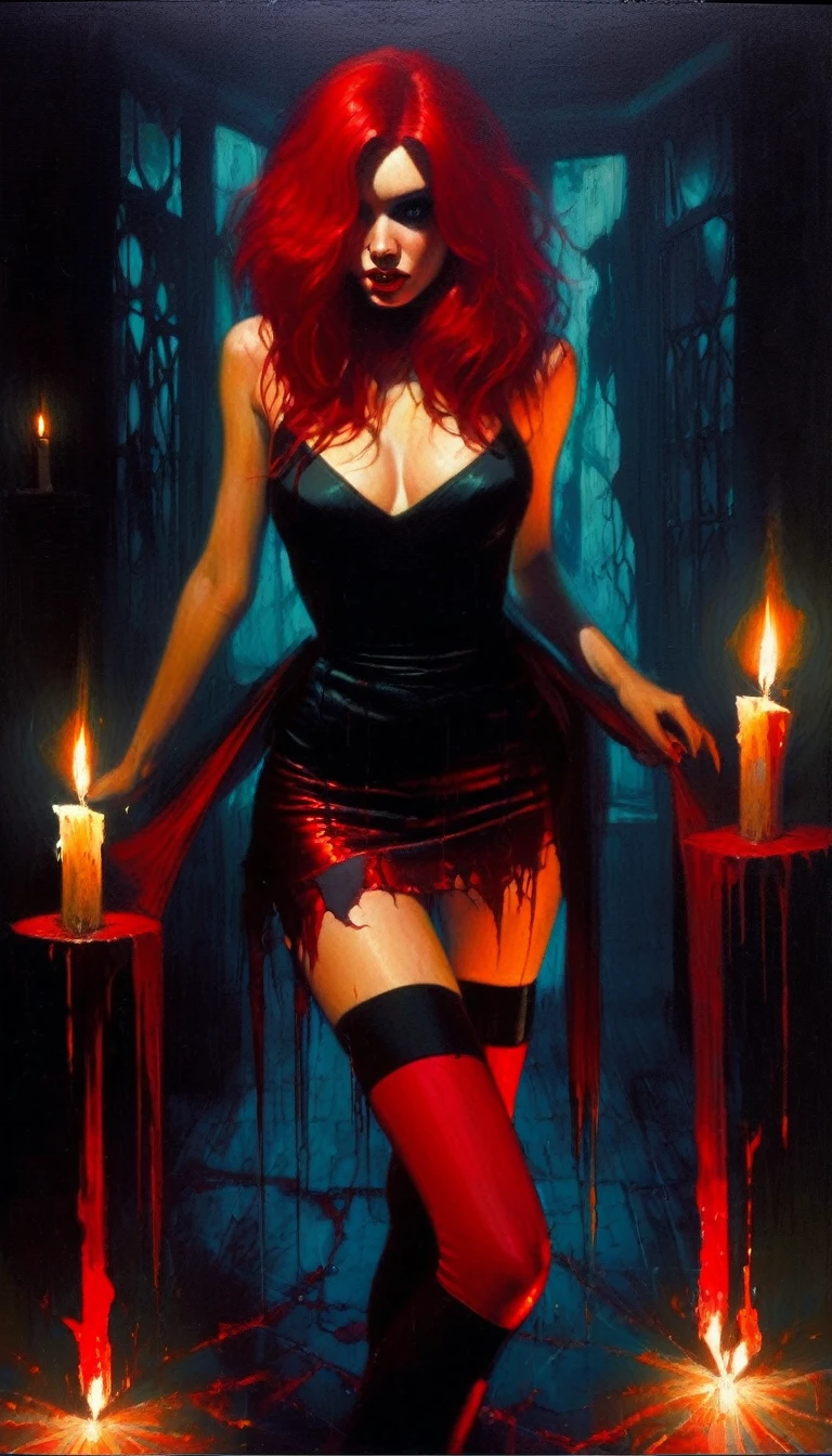 sexy girl, red hair, tight miniskirt, torn stockings, dark room, candles, satanic ritual, satanic star, blood (art inspired by Bill Sienkiewicz). oil painting)