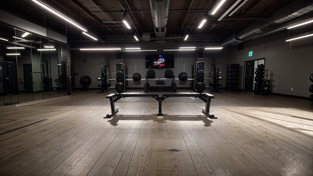 An image of a giant weight training gym with LED lighting and well equipped with modern equipment