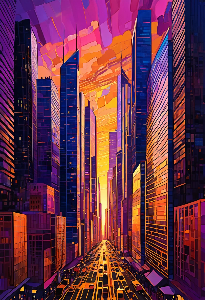 Vibrant cityscape in digital drawing mode, depicting a warm and serene sunset casting a golden glow on sleek skyscrapers and bustling streets, with bold lines and expressive brushstrokes evoking a sense of dynamic energy, set against a kaleidoscope of colors - burnt oranges, blushing pinks, and radiant yellows, with touches of deep blues and purples in the shadows, infused with a cinematic quality, as if the city is alive and pulsing with the rhythm of the fading light, mesmerizing and full of movement.