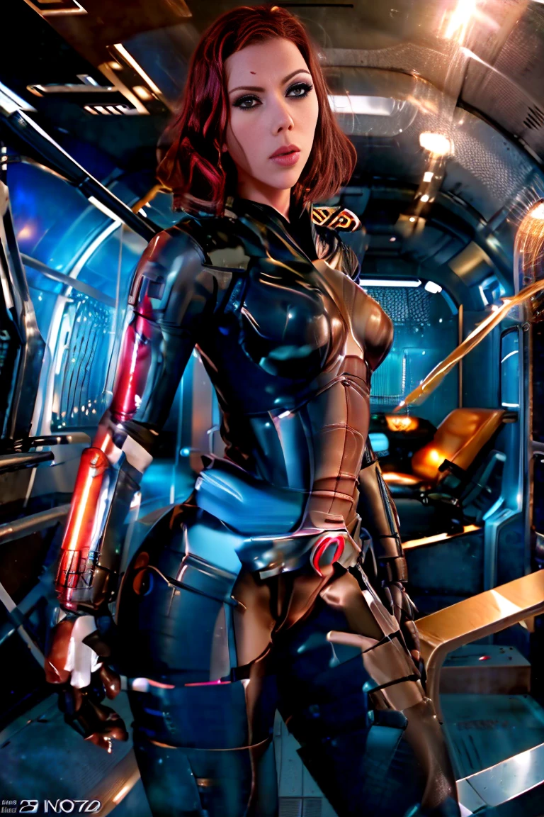 ((best quality)), ((masterpiece)), ((Scarlett Johansson)) (detailed), perfect face, playful 20 year old woman, Sensual pose. Inside a spaceship, wearing highly detailed futuristic skimpy mass effect armor, grandes senos, cintura pequeña, grandes caderas, desnuda.