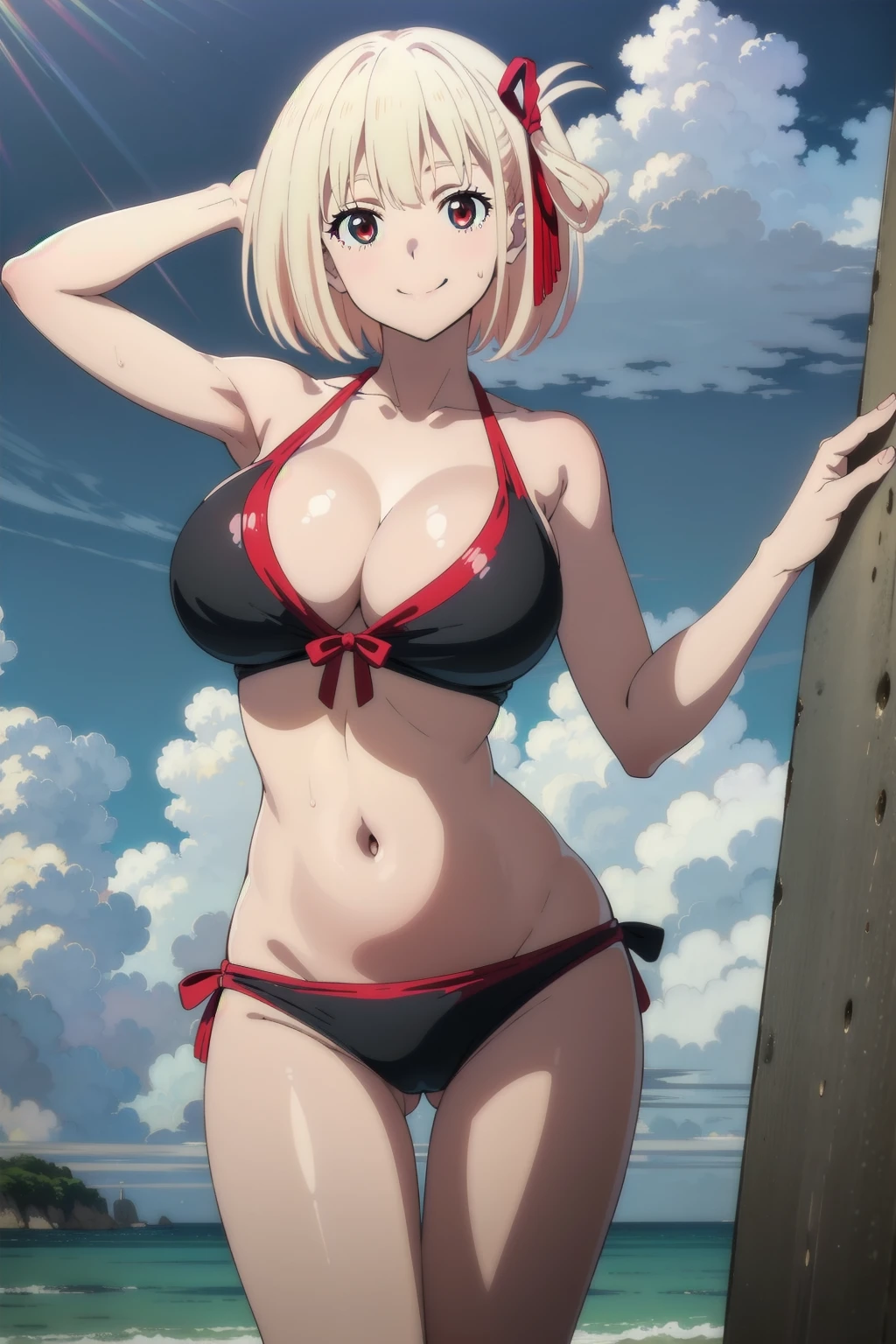 (masterpiece, best quality:1.4),(1girl:1.3),(solo:1.3),(seductive_smile:1.2),looking at viewer,chwo,ribbon,hair ribbon,red ribbon, Smiling, looking at the viewer, blue theme, blue background, cloudy sky, sunlight, sweat, orgasmic, bikini swimsuit, large breasts, cleavage, belly button exposed, collarbone, thighs, sea, head, Wave, splashe,