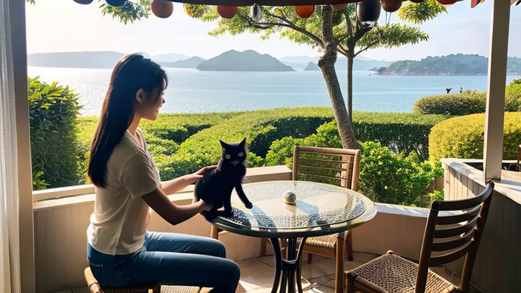 coastal、Woman spending time with cat on terrace、A pleasant breeze blows、chairs and tables、Daytime、House with sea view、Beautiful woman、Hair blowing in the wind、