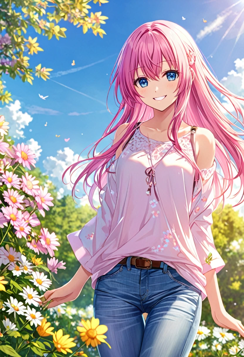 Megurine Luka smile casual clothes jeans colorful morning peace