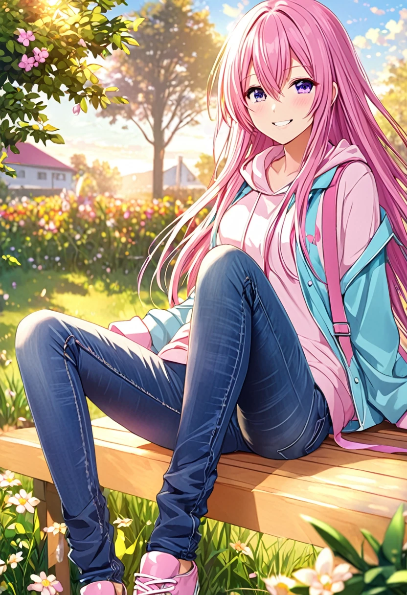 Megurine Luka smile casual clothes jeans colorful morning peace