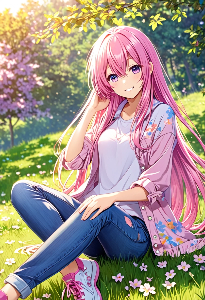 Megurine Luka smile casual clothes jeans colorful morning peace