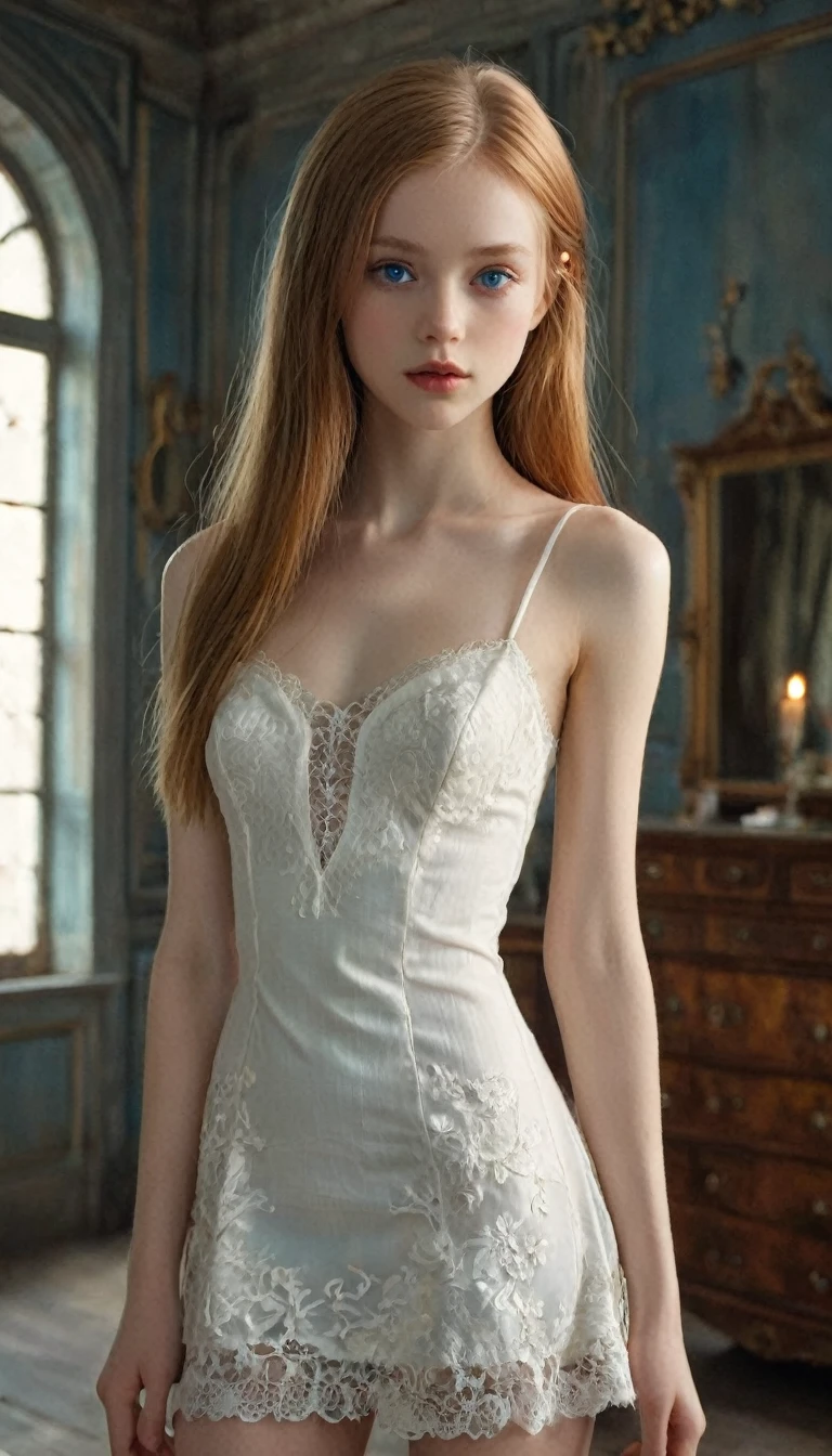 In a rococo atelier、(flat!!!! tiny!!!! chest), ( girl), very young extremely!!!!!! pretty!!!!!!!!! beautiful!!!!!!! face, blue eyes, pale skin, Oil painting nude!!!! model, wears an open!!!!!! white slip dress, lingerie, anorexic!!!!!!, emaciated!!!!!!!!!!!!!, very skinny!!!!!!, (very short!!!!!!!!!!!!!!), tiny!!!!!. Highly detailed, 8K, short!!!!!!!!!, 1girll, boney!!!!!!, firered!!!!!! long straight hair, silver head!!!!!!!!!!!! , (Perfect_Face), Convoluted, Dramatic Lighting, 4K, Detailed_Background, Caustics, from a_Side!!!!!, (eye contact!!!!!), (looking at camera!!!!!!), shot focus on belly and the crotch, whole body shot:1.2,