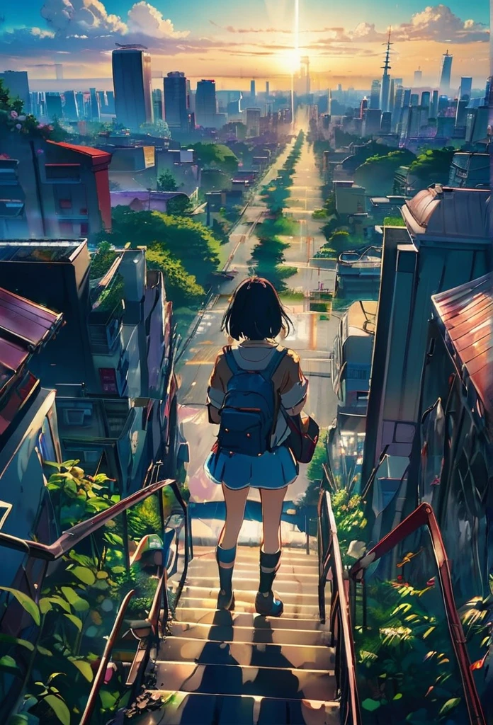 8K、Raw photo、highest quality、look up:1.2、masterpiece:1.2、genuineistic、ultra high resolution、high contrast、photon mapping、genuine、Super detailed、official art, Raw photo、professional lighting、 light、Vivid atmosphere、twicelight) This anime scene、While having the atmosphere of a work directed by Makoto Shinkai,、Expresses a post-apocalyptic worldview。A girl with a backpack looking at the city skyline from the forest、It is reminiscent of emotional scenes like Makoto Shinkai's works.。 High-rise buildings in the city are covered with trees from the walls and windows々pops out、The building is covered like a lush jungle.、It depicts a futuristic landscape where nature and the city are fused.。A city bathed in bright sunlight、It suggests a bright and hopeful future.。 A girl trying to enter a building in the city、It symbolizes young people trying to break out into society.。and、The pure white cat that is nestled next to me、As a familiar presence、Watching the girl's journey。 This scene is、Following the style of director Makoto Shinkai、I am drawing a post-apocalyptic animation with a unique world view.。
