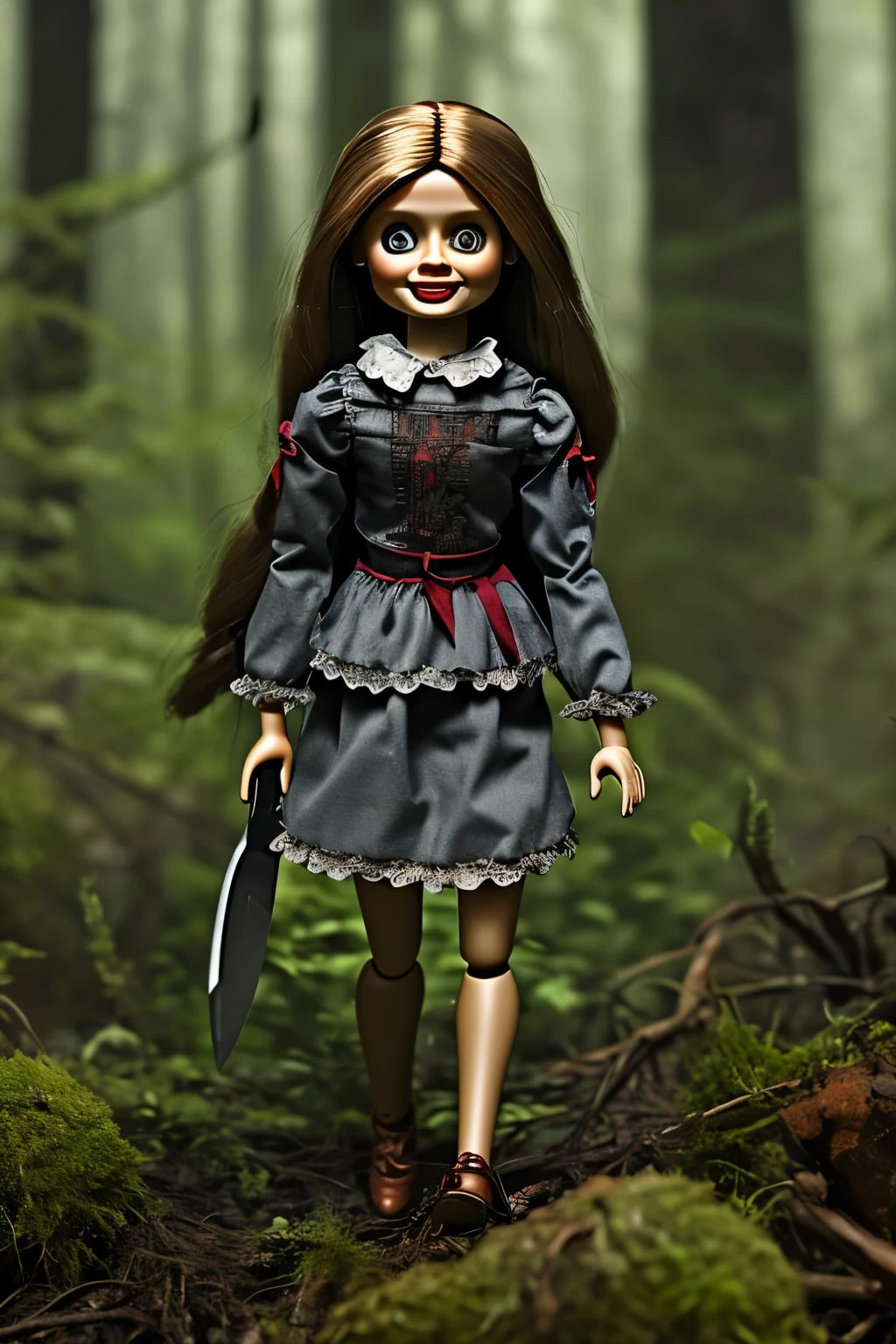 Anabelle style doll with a macabre smile and a knife in her hand in a forest