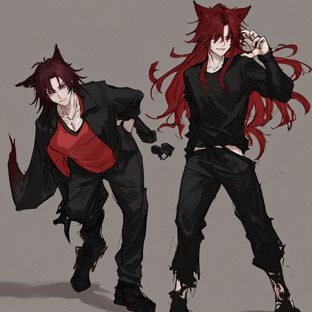 Young man with dark red hair, have wolf ears and claws, wear black loosed shirt and black baggy pants, he's walking around the dark streets of Japan in middle of the night. {Good anatomy, Interesting pose, beautiful colors, good quality, anime style}