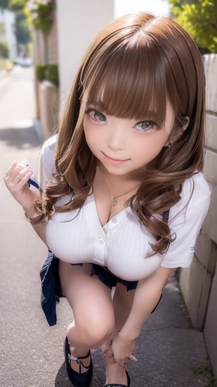 Female college student、22 years old、alone、(Browsing Caution:1.3), ((masterpiece)), ((Highest quality)), (Very detailedな), ((cute)), cute, (Lovely), ((Very detailed)), 4K, (8K), Highest quality, (beautiful), hyper cute face, shape, hyper Genuineistic, Genuine, (((From below))), whole body, Between the Skyscrapers, (1 Girl, cute girl:1.5), (Female college studentのファッション:1.5),(Polo shirt、Pleated skirt)、((White panties))、sneakers、 beautiful light brown hair, beautiful brown eyes, ((beautiful eyes)), (the wind is strong, Hair is shaking, The skirt is flipped up and the underwear is visible:1.3), short hair, (((Big Breasts))), ((Device tick type))、(Wearing (Showing panties to the camera))、