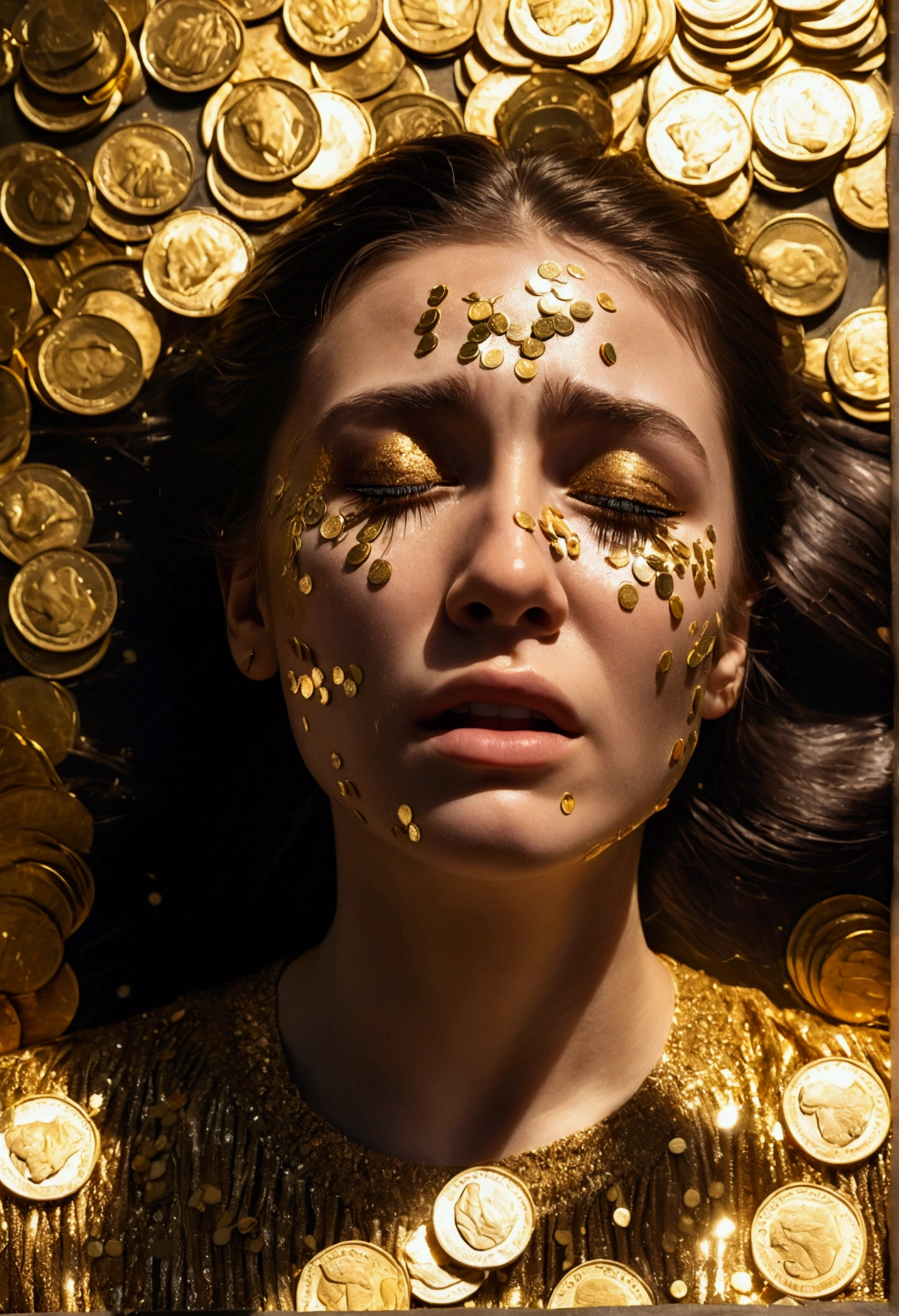 Art Photo, a photograph of a crying young woman plastered with dollar gold coins, overhead shot, dazzling sunlight, intricate, flashy, translucent, medium scene, grotesque art style, extremely creative, simple and mysterious, high quality, 8k