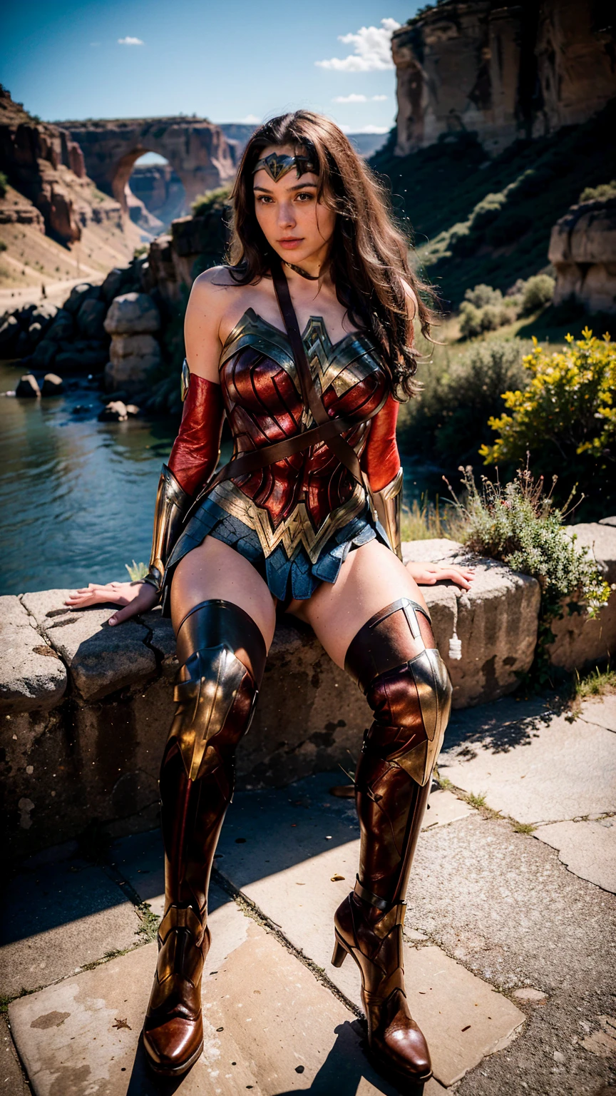 ((masterpiece), (solo character), (photorealistic:1.4), ),(best quality), (epiCRealLife), (g4lg), (g4lg large breasts), (g4lg show cleavages), (Gal Godot in wonder woman costume), (lora:epiCFlashPhoto),(flashphoto), (flash photography) (look at viewers), , (photoshoot), (wonder woman theme), (outdoor), (daytime), (beautiful canyon landscape),  (squat poses),  (boots) 