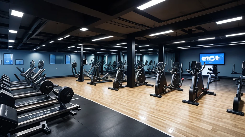 An image of a giant weight training gym with LED lighting and well equipped with a lot of modern equipment
