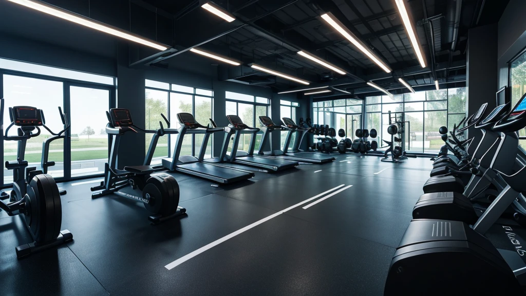 An image of a giant weight training gym with LED lighting and well equipped with a lot of modern equipment