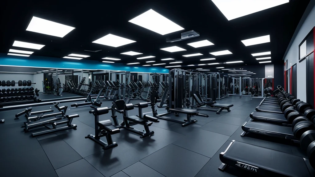 An image of a giant weight training gym with LED lighting and well equipped with a lot of modern equipment
