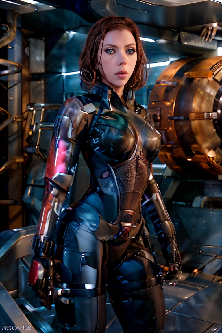 ((best quality)), ((masterpiece)), ((Scarlett Johansson)) (detailed), perfect face, playful 20 year old woman, Sensual pose. Inside a spaceship, wearing highly detailed futuristic skimpy mass effect armor, grandes senos, cintura pequeña, grandes caderas, desnuda.