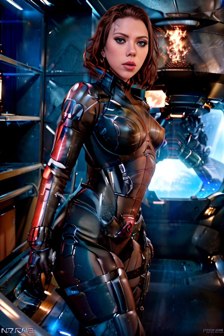 ((best quality)), ((masterpiece)), ((Scarlett Johansson)) (detailed), perfect face, playful 20 year old woman, Sensual pose. Inside a spaceship, wearing highly detailed futuristic skimpy mass effect armor, grandes senos, cintura pequeña, grandes caderas, desnuda.