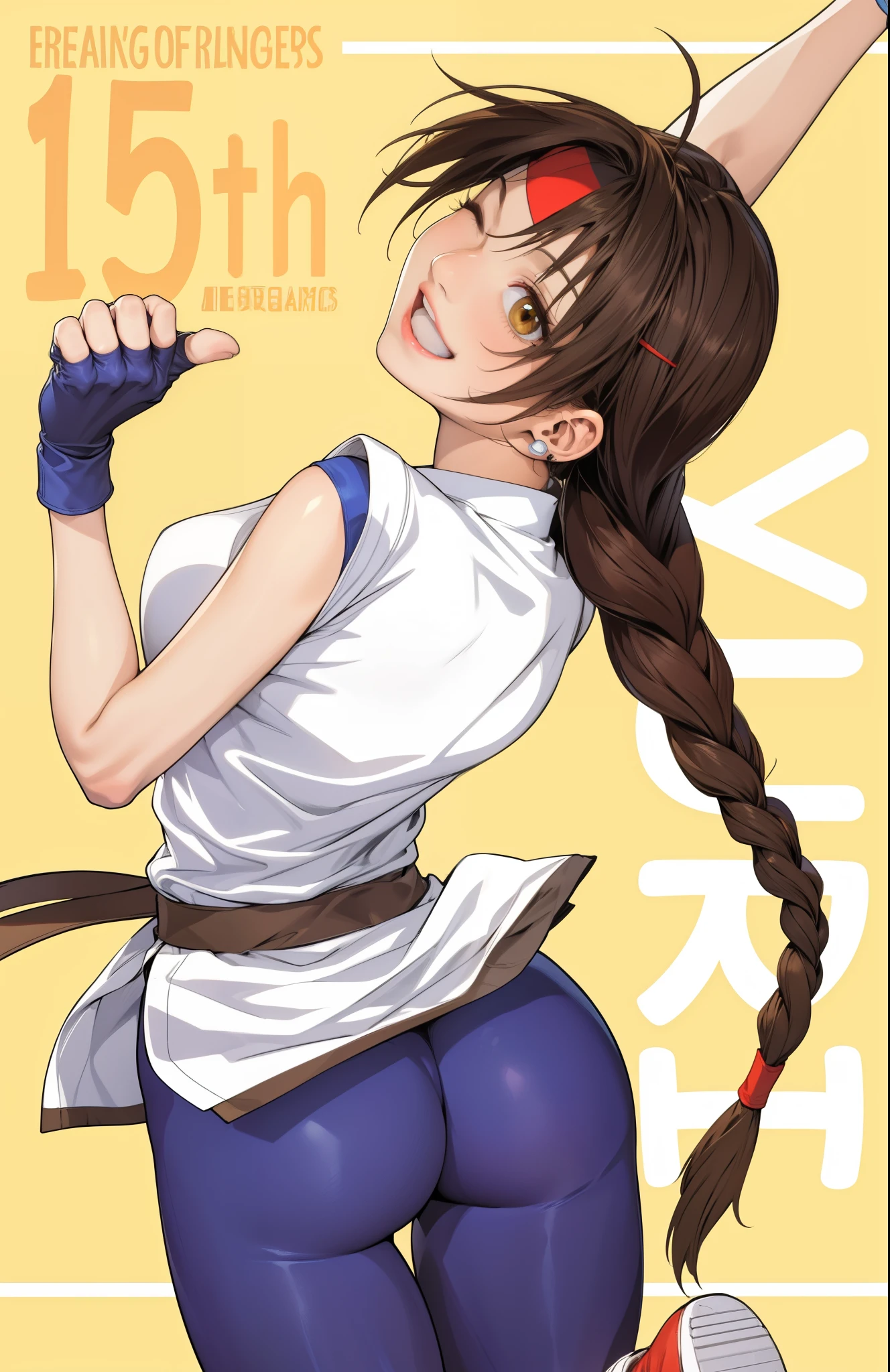 perfect eyes:1.2, detailed eyes:1.4, yurims, headband, one eye closed, ass, blue pantyhose, braided ponytail, brown hair, brown eyes, smile, open mouth,  dougi, spandex, gloves, fingerless gloves, leggings, cowboy shot, 1girl, solo, (masterpiece:1.6, best quality), 8k, insane details, intricate details, hyperdetailed, hyper quality, high detail, ultra detailed, professional, HDR, ray tracing reflection, cinematic lighting,
