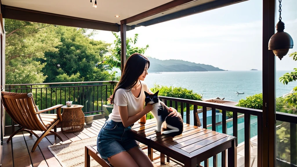 Sea Flower Island 108th floor apartment, Hainan,Five bikini girls sitting in living room watching TV,There is a little six-month-old corgi playing next to it,There are also some bonsai,Canon shooting,Enjoy a panoramic view of Sea Flower Island with a telescope