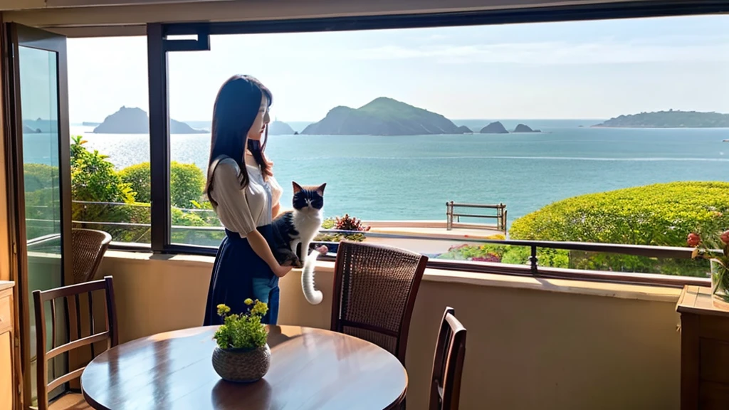 coastal、Woman holding a cat on the terrace、A pleasant breeze blows、chairs and tables、Daytime、House with sea view、Beautiful woman、Hair blowing in the wind、