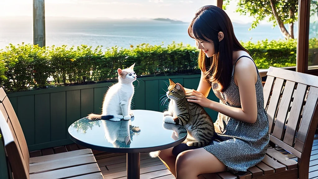 coastal、Woman holding a cat on the terrace、A pleasant breeze blows、chairs and tables、Daytime、House with sea view、Beautiful woman、Hair blowing in the wind、