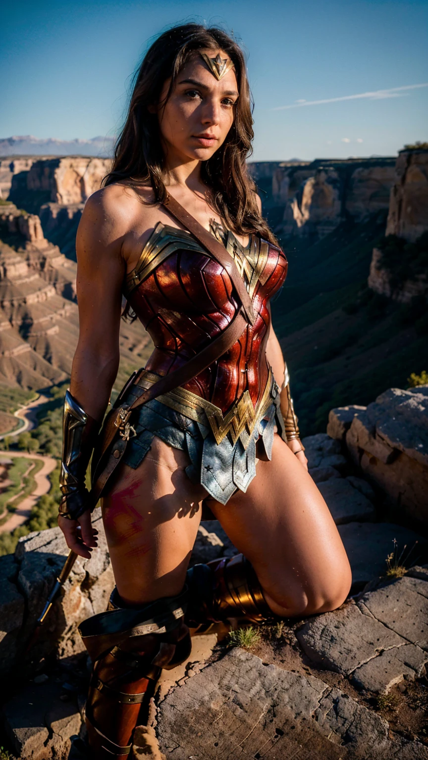 ((masterpiece), (solo character), (photorealistic:1.4), ),(best quality), (epiCRealLife), (g4lg), (g4lg large breasts), (g4lg show cleavages), (Gal Godot in wonder woman costume), (lora:epiCFlashPhoto),(flashphoto), (flash photography) (look at viewers), , (photoshoot), (wonder woman theme), (outdoor), (daytime), (beautiful canyon landscape), (cowboy shots), (different camera angle shots), (boots)