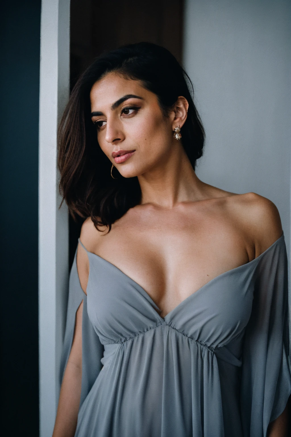 RAW photo,dark,moody,hazy atmosphere,35mm focal lenght,underexposed,cold,candid photograph,artistic,full body,photo of a beautiful,high-society,rich,elegant,30yo Iranian woman,detailed skin,naked,Kaftan, looking at viewer, thick body structure,grey background,no background, candid pose,dim room,blue light, film grain, kodak color, instagram LUT