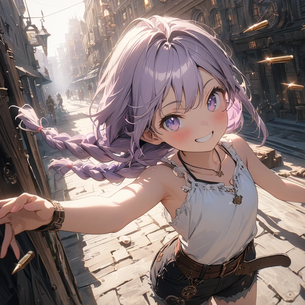 ((Masterpiece)), ((best quality)), (Anime), ((kawaii)), ((extremely detailed)), 4K, (8K), (super detail:1.2), (High Definition:1.3), (Professional Photography:1.2), (wide shot), cinematic lighting, (very aesthetic:1.2), (absurdres:1.2), intricate details, (sharp focus), (perfect light), ((12 years old)), ((1girl)), from above, pale purple hair, cute teenage girl, (grin), (loose ponytail), single elbow glove, ragged short shorts, (cute bikini top), bare arms, (thin necklace), steampunk belt, upper body, potrait, (cute pose on the sidewalk), (steampunk city)