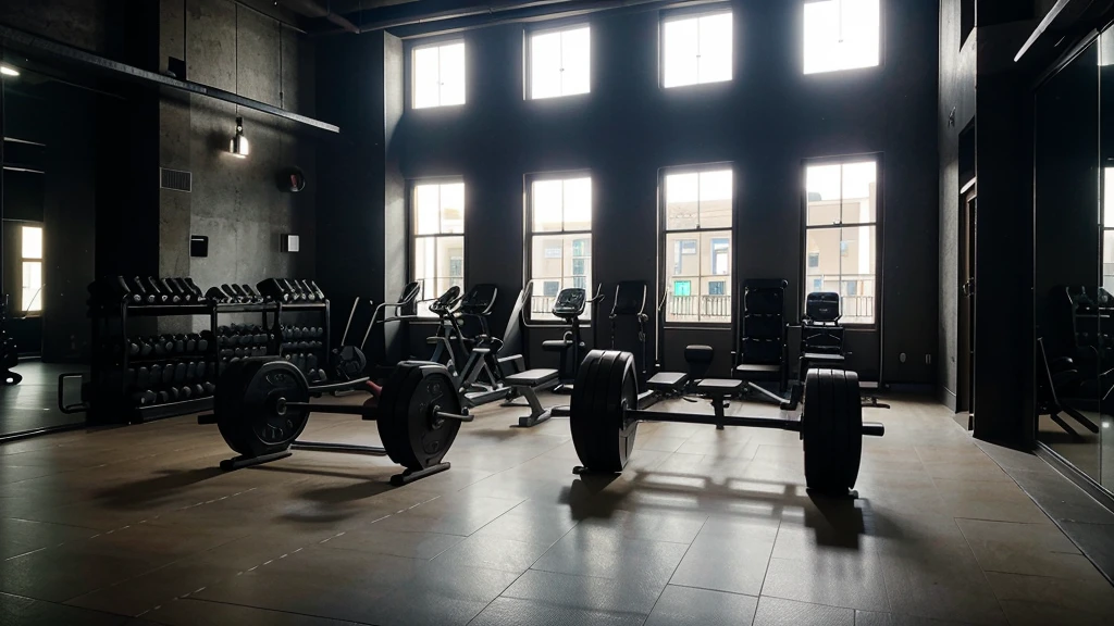 An image of a giant weight training gym with LED lighting and well equipped with a lot of modern equipment