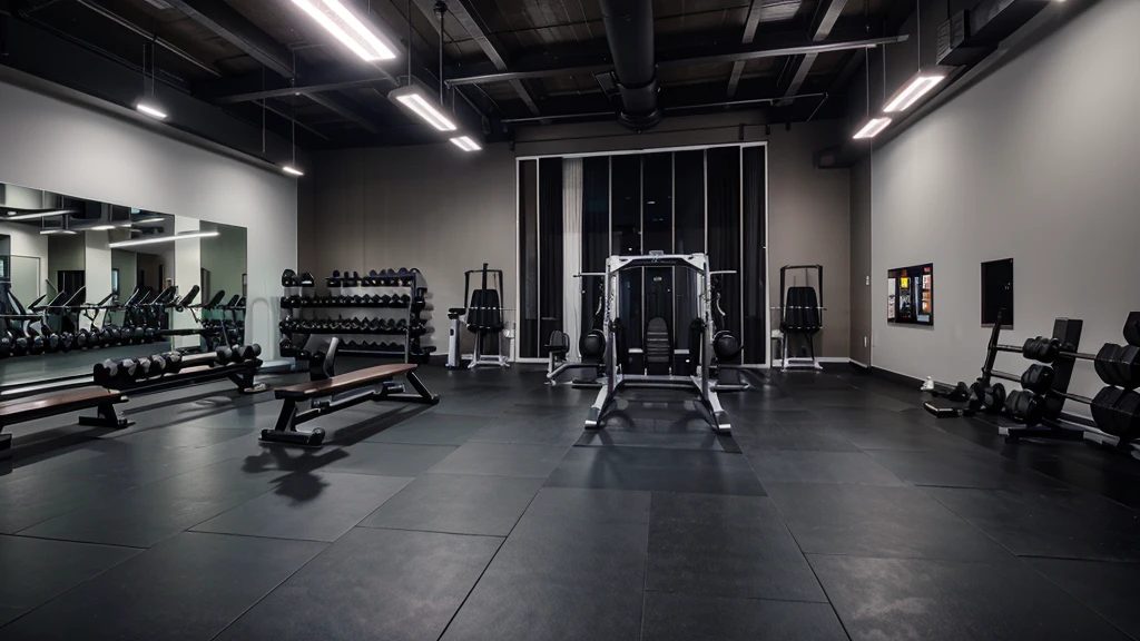 An image of a giant weight training gym with LED lighting and well equipped with a lot of modern equipment