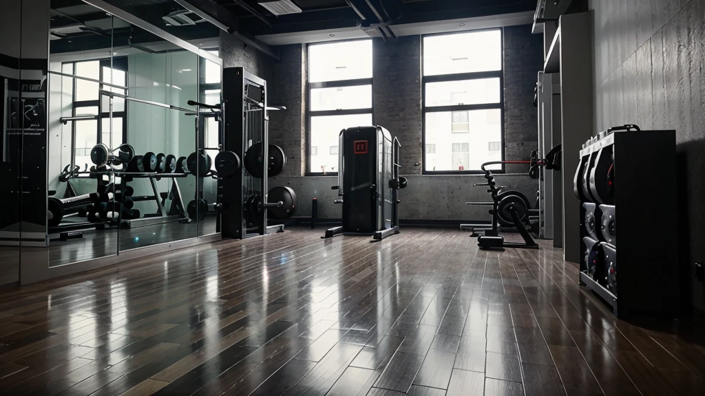 An image of a giant weight training gym with LED lighting and well equipped with a lot of modern equipment